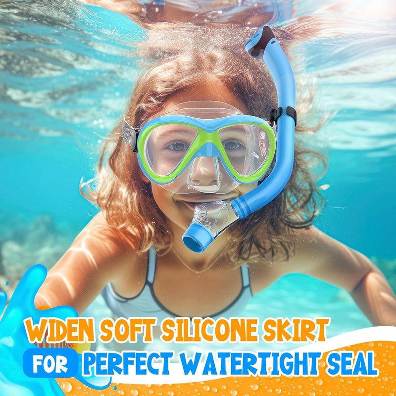Jwintee Kids Snorkel Set, Dry Top Snorkeling Gear for Kids, Diving Mask for Youth Boys Girls Age 5-15, Tempered Glass Swimming Goggles Combo Set, Anti-Fog Panoramic View Kids Snorkel Set - Image 2